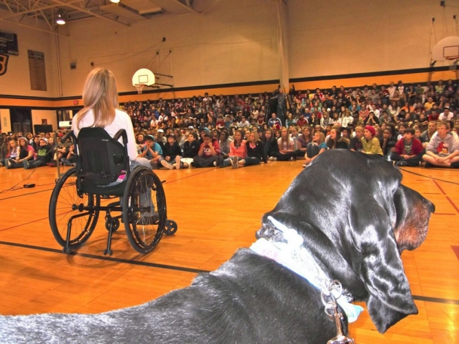 Gabe speaking at school assemby with Izzy Gabe speaking at school assemby with Izzy